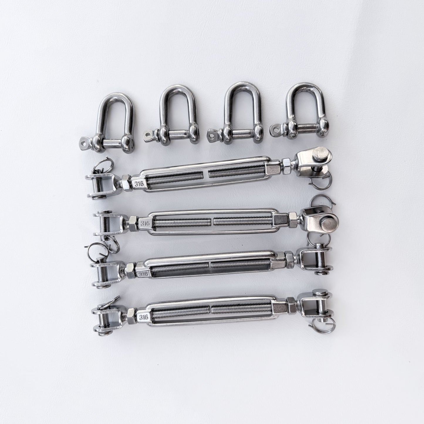 Shade sail hardware pack with four 316 stainless steel turnbuckles and four dee shackles