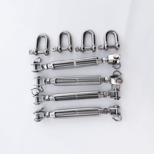 Shade sail hardware pack with four 316 stainless steel turnbuckles and four dee shackles
